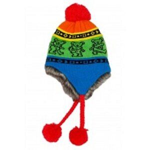 New Grateful Dead Knit Rainbow Dancing Bear Adult Laplander Hat Winter Fuzzy NWT